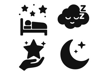 Cosmic dreams solid icon set. Sleep and bedtime vector glyphs. Person in bed under stars, sleeping cloud, hand wishing on a star, and crescent moon. Night fantasy concept.