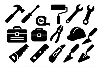 Construction tools solid icons set. Filled glyph symbols collection of repair and DIY equipment. Vector illustration of hardware for carpentry, building, and renovation.