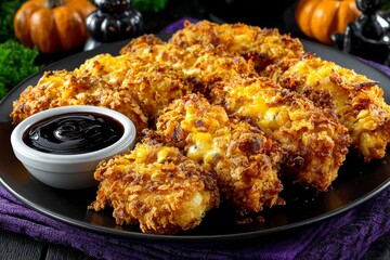 Plate of Zombie Fingers, crunchy chicken strips shaped like fingers, topped with melted cheese, black ketchup. Concept of spooky themed food, Zombie Fingers adding fun to dining experience.