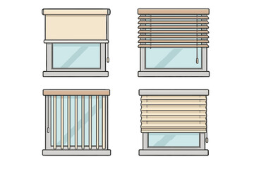 Various styles of window blinds in modern clean design, vector cartoon illustration on transparent background, ordered set including roller, Venetian, vertical, and Roman blinds