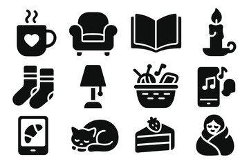 Cozy lifestyle silhouette icons set. Solid comfort and leisure symbols. Hygge concept vector elements. Home relaxation, winter season, stay home activities pictogram collection.