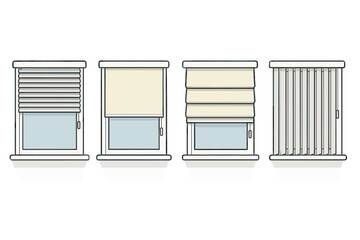 Different Styles of Window Blinds in Modern Interior Design, Vector Cartoon Illustration, Clean Transparent Background, Vertical, Horizontal, Roman, Roller Shades, Home Decor