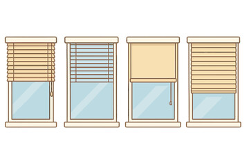 Different styles of window blinds and shades in clean modern design, vector cartoon illustration set, home decor, window treatments, interior design elements