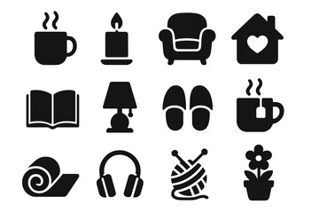 Cozy lifestyle silhouette icons set. Hygge concept symbols. Home comfort, leisure, and relaxation elements collection. Vector glyphs for stay home activities and hobbies.