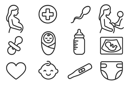 Pregnancy and Maternity Icon Set, Healthcare and Baby Care Symbols, Line Art Collection, Newborn, Ultrasound, Feeding Bottle, Diaper, Pacifier, Baby Face, Heart, Fertility, Family Health Vector