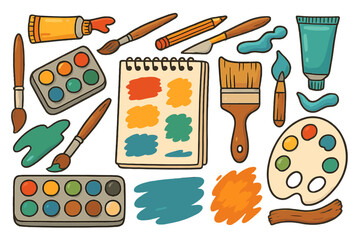 Art supplies doodle set. Vector cartoon illustration of painting tools. Paintbrush, palette, watercolor, sketchbook, pencil for creative hobby. Artist equipment collection.