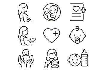 Pregnancy and Maternity Line Icon Set, Health and Wellness Parenting Outline Collection, Vector Cartoon Illustration, Mother and Baby Care Symbols, Transparent Background