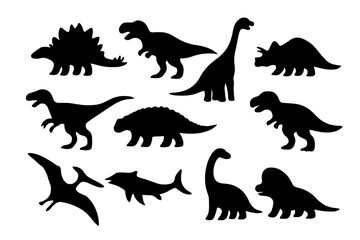 Dinosaur silhouette icon set, prehistoric fossil extinct creatures, dinosaur vector cartoon illustration collection with transparent background, ordered dinosaur set 3