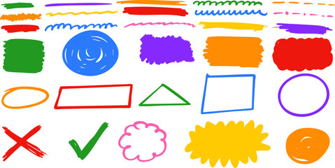 Colorful doodle shapes and brush strokes set on transparent background