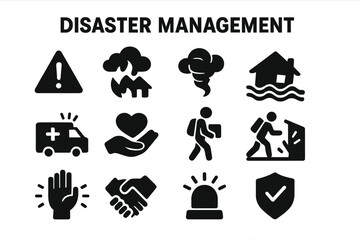 Disaster Management Silhouette Icon Set for Emergency Response, Crisis Relief, Safety and Rescue Operations, Vector Cartoon Illustration with Transparent Background, Ordered Set 2