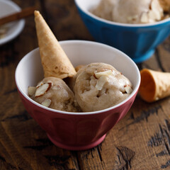 Homemade banana ice cream with waffle cone