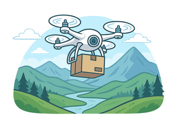 Drone delivery concept with a quadcopter carrying a package over a mountain landscape. Future of shipping, autonomous logistics, e-commerce. Vector cartoon illustration.