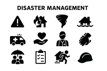 Disaster management silhouette icon set with emergency, crisis relief, safety symbols, health care, rescue, evacuation, protective measures, checklist, and community support vector illustration