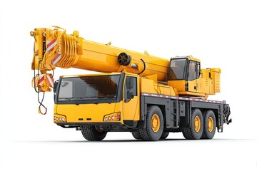 and keyword list based on the image

 Yellow Mobile Crane Lifting/Transporting Heavy Objects on White Studio Background