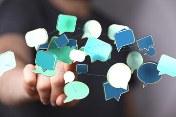 Abstract image of interconnected speech bubbles, representing global communication and networking.