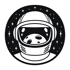 Monochrome Astronaut Helmet with Moon Reflection and Starry Space Background Emblem