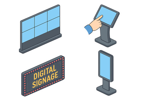 Digital Signage Icon Set. Isometric vector illustration of electronic solutions like video wall, interactive touchscreen kiosk, LED marquee, and digital totem for advertising.