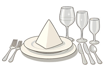 Elegant table setting with pristine plates, sparkling glassware, and neatly arranged cutlery for fine dining event, vector cartoon illustration on transparent background, ordered set