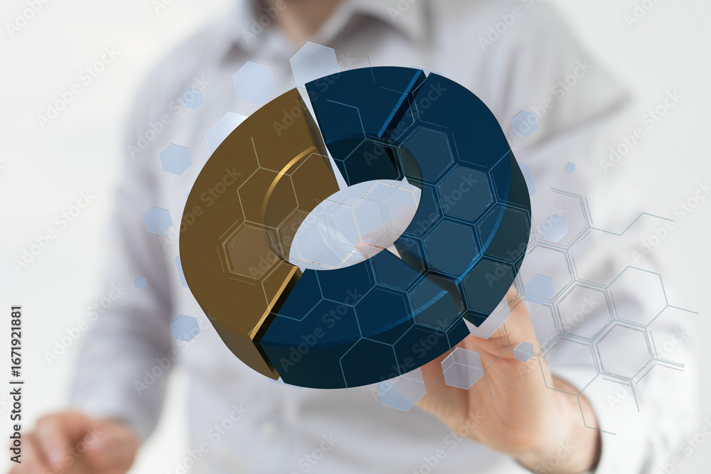 Poster a businessman interacts with a 3d pie chart, analyzing business data and insights.