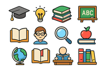 Vector education icon set. School, study, and learning symbols. Cartoon illustrations of books, library, knowledge, graduation cap, globe, and student for back to school.