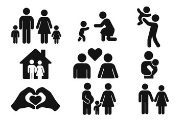 Family and Parenting Solid Icon Set with Household and Relationship Symbols, Vector Cartoon Illustrations, Transparent Background, Complete Ordered Collection of Parenthood and Togetherness
