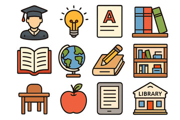 Education and learning icon set. School and university study symbols. Vector collection for knowledge, reading, and e-learning concepts. Library, graduation cap, book icons.