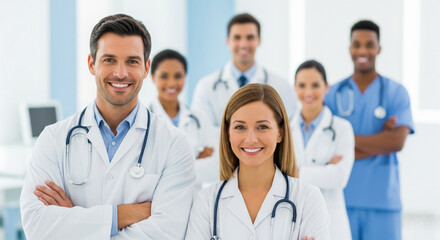 Smiling, confident team of diverse doctors and medical professionals standing with arms crossed in a hospital