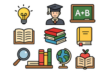 Education and reading icon set. Learning, study, school, and university symbols. Vector cartoon illustration of knowledge, library, books, graduate, and back to school concepts.