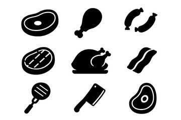 Food meat silhouette icon set, cooking and steak graphics in black silhouette style, vector cartoon illustration with transparent background, ordered meat collection