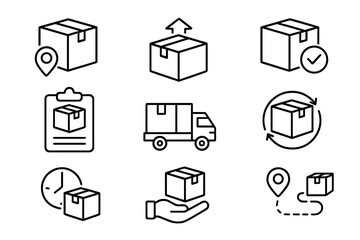 Shipping and Delivery Outline Icon Set with Package Tracking and Logistics Line Icons, Vector Cartoon Illustration, Transparent Background, Ordered Set