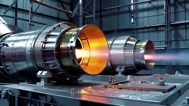 Advanced jet engine turbine assembly in industrial manufacturing facility. Rocket propulsion system with glowing combustion chamber during testing phase. Aerospace engineering technology development