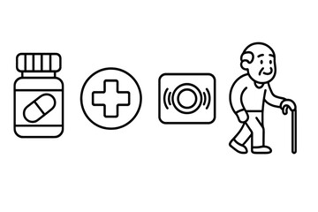 Elderly care icon set. Senior medical assistance, retirement and health concepts. Pill bottle, medical cross, emergency button, old man walking with cane. Vector outline icons.