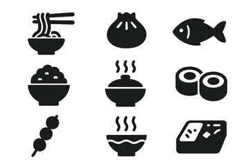 Asian Food Icon Set with Traditional Cuisine Symbols, Noodles, Fish, Rice, Sushi, Dumplings, Skewers, and Hot Dishes, Vector Solid Black Icons Collection