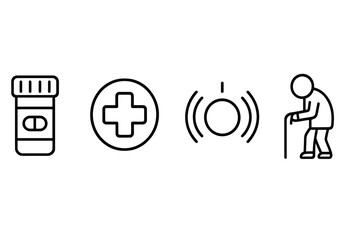 Elderly care outline icon set. Senior assistance, nursing home and retirement concept. Vector icons of pill bottle, medical cross, emergency alert button and old person.