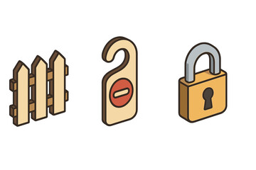 Emotional boundaries icon set. Personal space, self-care, and mental health concept. Vector isometric illustration of a picket fence, do not disturb sign, and padlock symbol.