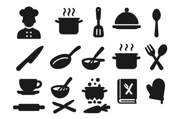 Food and cooking silhouette icon set, culinary chef and meal preparation icons, kitchen utensils and cookware vector cartoon illustration on transparent background, ordered collection 2