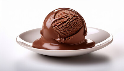 chocolate ice cream scoop with glossy texture served on a white background in a simple presentation