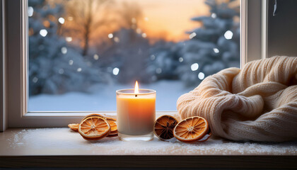cozy winter scene with candle and dried oranges on frosted window sill