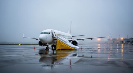 An airplane with a deployed emergency slide on a wet airport tarmac. Sudden aircraft malfunction and emergency landing. Aviation accident scene.