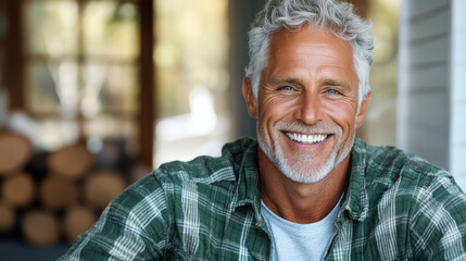Happy elderly man smiling warmly, showcasing joy and contentment in cozy setting