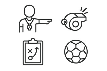 Sports and coaching outline icon set with training whistle, soccer ball, tactical clipboard, and referee symbols. Linear vector cartoon illustration with transparent background