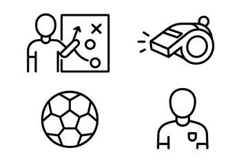 Sports and coaching outline icon set with training tactics, referee whistle, soccer ball, and coach figure, vector cartoon illustration, transparent background, linear symbols