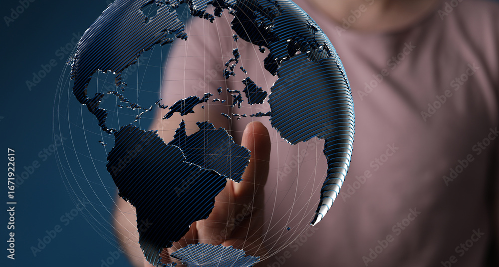 Aufkleber person's hand interacts with a digital globe, symbolizing global connection and networking.