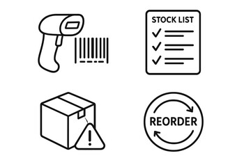 Inventory management outline icon set. Barcode scanner, stock list, low stock alert, reorder symbol. Logistics and supply chain vector icons for warehouse operations concept.