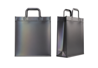 Two empty, structured shopping bags of iridescent gunmetal grey fabric on a reflective white surface against a transparent background with soft studio light, high-tech storage concept