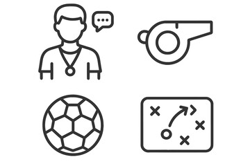 Sports and Coaching Outline Icon Set with Training Whistle, Soccer Ball, Coach, and Strategy Playbook Linear Symbols, Vector Cartoon Illustration on Transparent Background