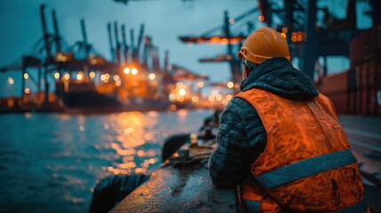 Fototapeta premium Worker in hardhat contemplates busy port, blurred lights reflecting on water. Ideal for logistics, infrastructure, or career in maritime industry.