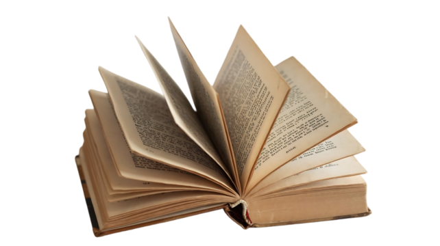 An antique open book with aged pages and text is dramatically fanned out and isolated on transparent background