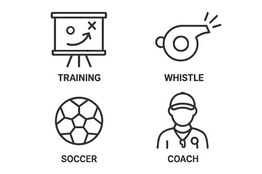 Sports and Coaching Outline Icon Set with Training Strategy, Whistle, Soccer Ball, and Coach Illustrations, Linear Vector Symbols for Sports and Coaching Concepts, Transparent Background