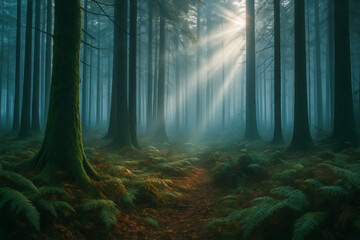 Sunlight streaming through misty forest trees and ferns
